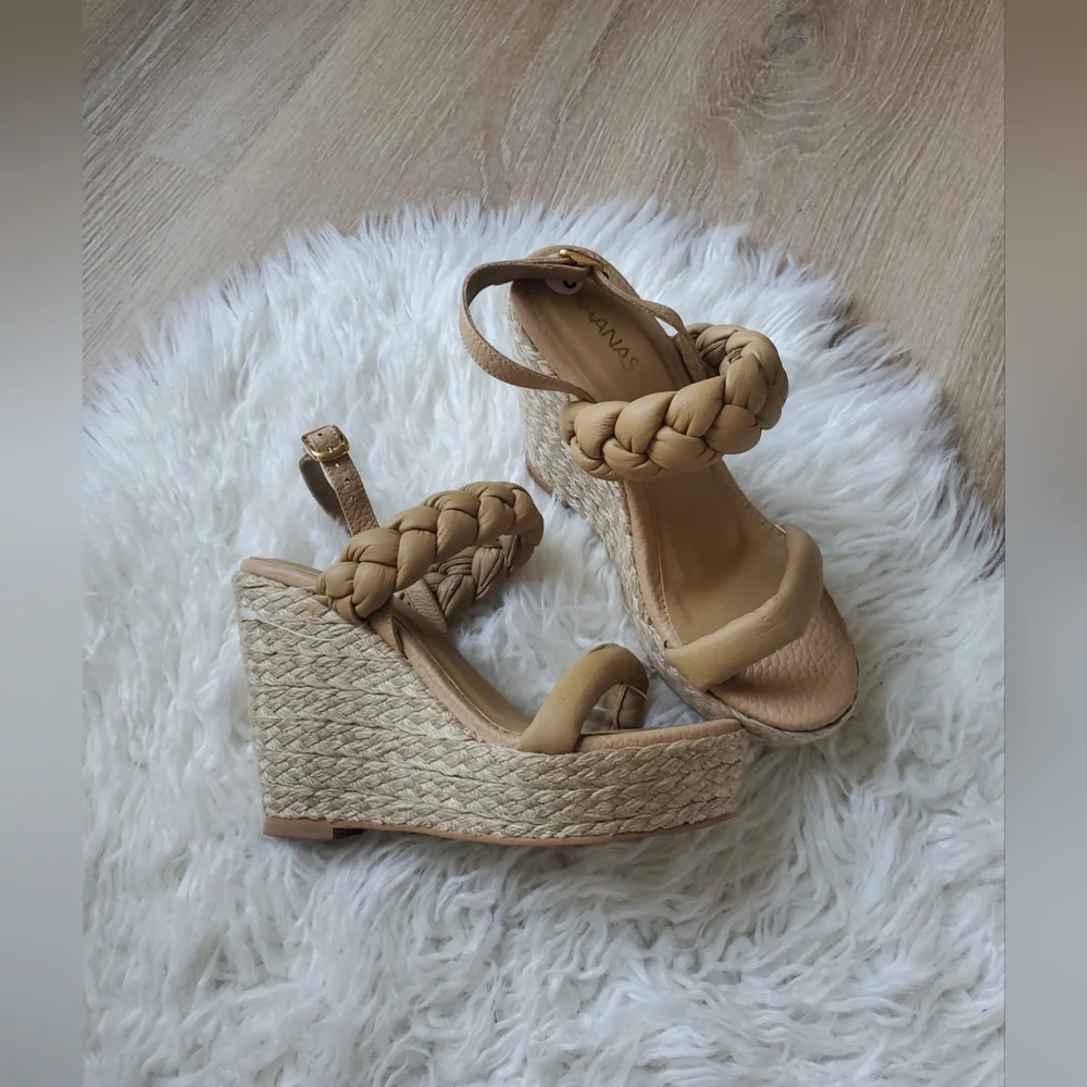 Kaanas Kendari Chunky Braided Wedge Platform Sandals Ankle Strap Sand Size 8,9